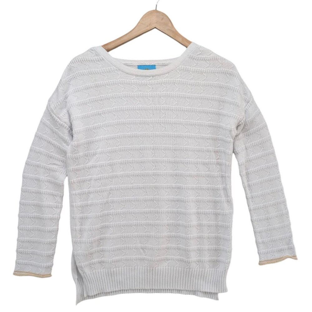 IsleField Chunky Knit Sweater Womens White Tan Trim Long Sleeve Pullover Size L